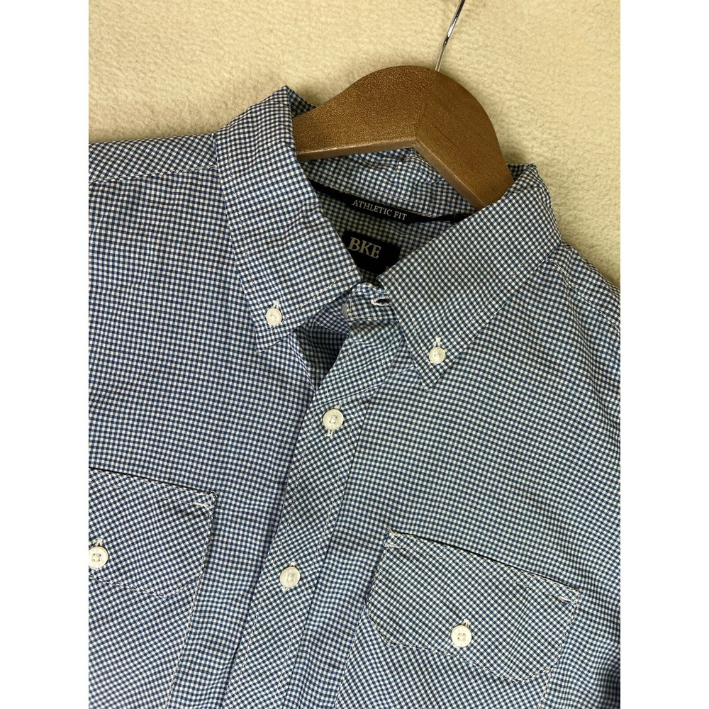 BKE Shirt Men's Medium Athletic Fit Blue Gingham Plaid‎ Button Down Pockets NEW